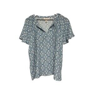 Emaline Womens Short Sleeve Blouse Size M Geometric Print Blue White Office Work